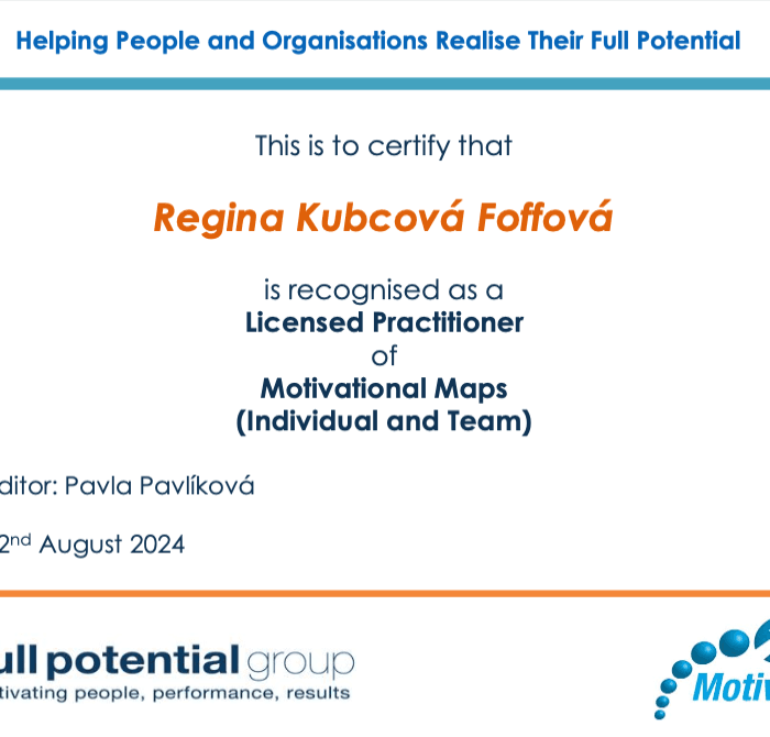 certifikát motivačních map Reginy Kubcové