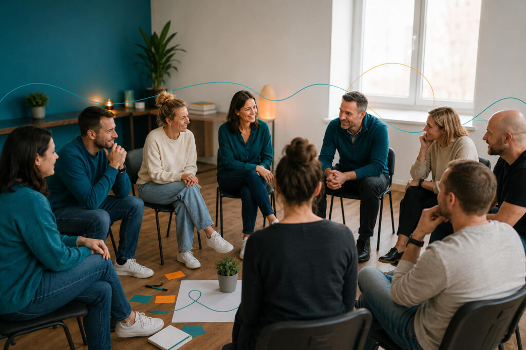 Tým firmy během prožitkového workshopu Den prožitků v týmu – organizační psychologie v praxi.