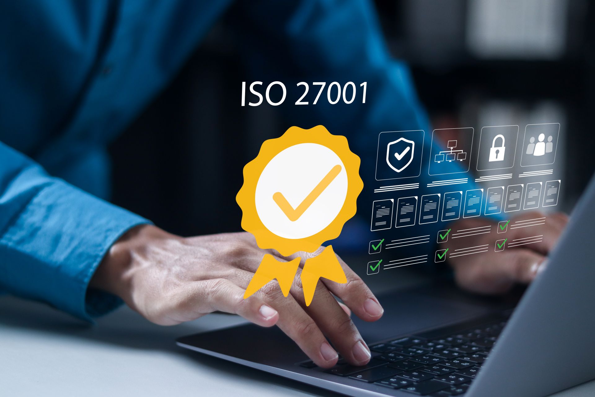 ISO 27001, Information security management system (ISMS) concept. requirements, certification, management, standards. Businessman use laptop with virtual icon.