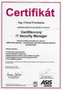Vlastní cesta Certifikát Ctirada Procházky IT Security Manager